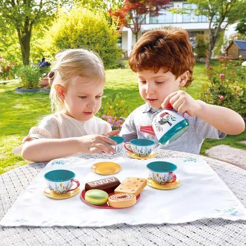 Miniatura 4 de Hape Juego de té para niñas y niños pequeños, juego de fiesta de té de lata de 18 piezas con funda de transporte de tucán, tetera de juguete