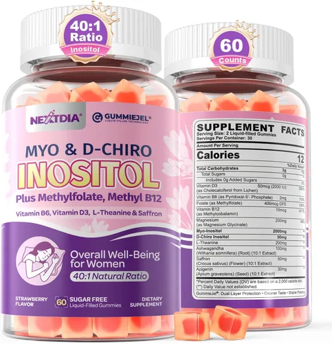 Gomitas para dormir para mujer con mio-inositol y D-chiro inositol + azafrán, folato MTHF, vitamina B6 y B12, proporción 40:1 Myo Inositol