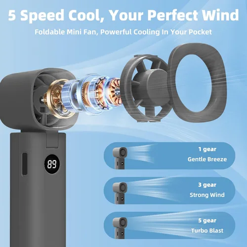 Miniatura 4 de Ventilador de mano personal, ventilador turbo portátil 3 en 1 de alta velocidad con viento de 5 engranajes, USB mini personal con batería recargable
