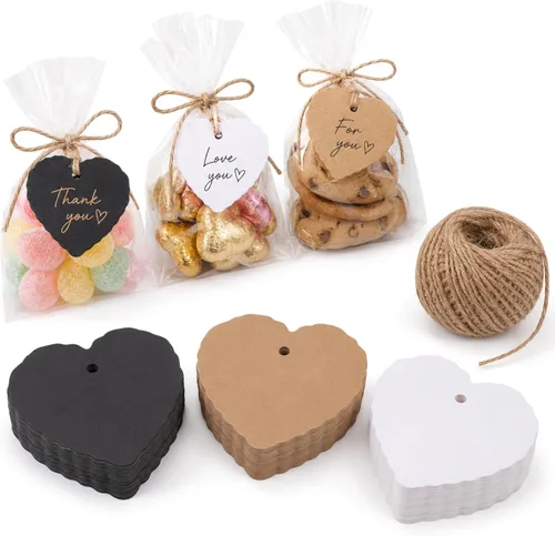 Miniatura 6 de Etiquetas de regalo de papel kraft de 150 quilates con StringTwine negro, blanco, marrón, juego a granel (festoneadas)