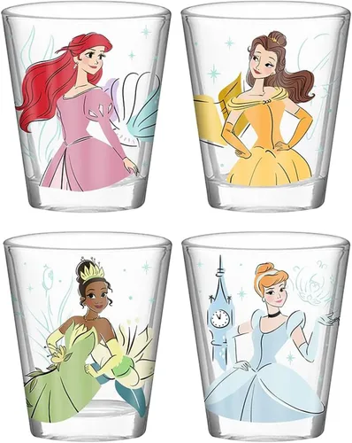 Silver Buffalo Disney Princess With Ariel, Belle, Tiana y Cenicienta - Juego de 4 mini vasos de 1.5 onzas Disney Princess y su símbolo icónico