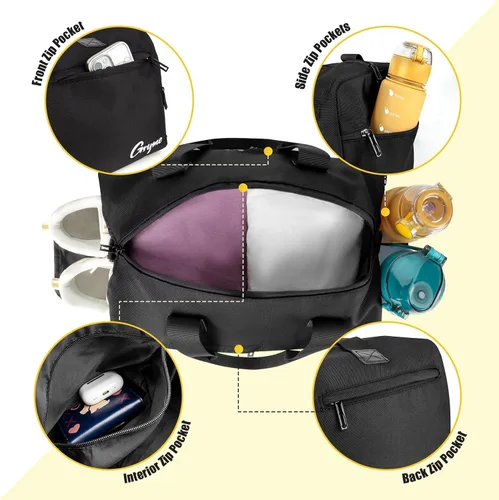 Miniatura 4 de Gryme Bolsa de gimnasio pequeña de 15 pulgadas con compartimento para zapatos y bolsillo húmedo, mini bolsa de lona para hombres y mujeres, pequeña