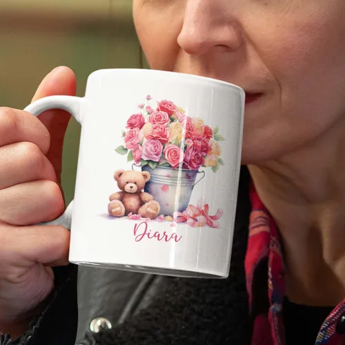 Miniatura 3 de Tazas de cerámica personalizadas del cubo de rosas con nombre, Taza de flores, Taza de café de flores de rosas personalizadas, Taza de té floral