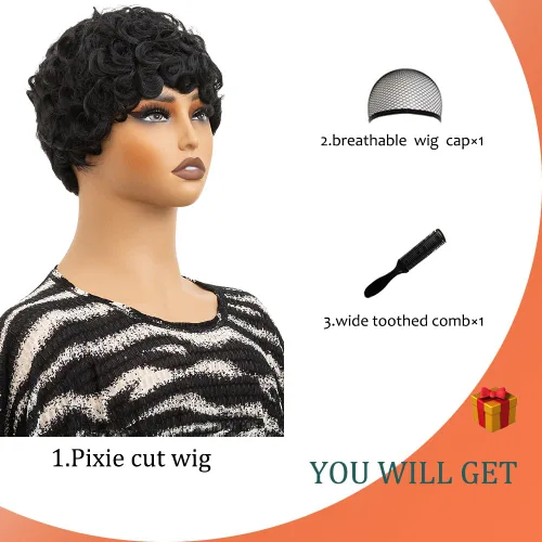 Miniatura 5 de Cabello rizado Pixie para mujer con flequillo para mujer (negro y rizado) Pixie - Pelucas sintéticas en capas, pelucas cortas para mujeres negras