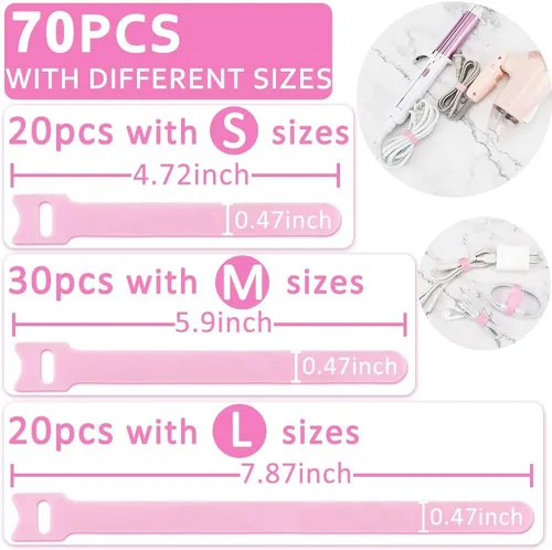 Miniatura 4 de 70 bridas de cables reutilizables color rosa, para organizar cables, reutilizables, para electrónica, de gancho y bucle para computadora, de 4, 6, 8