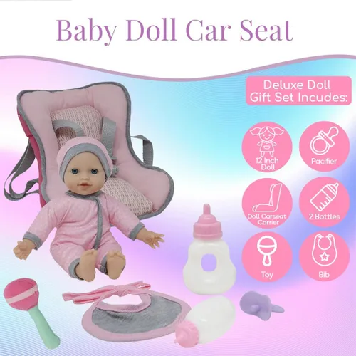 Miniatura 3 de Juego de viaje – Mochila portadora de asiento de coche para muñeca bebé con muñeca de cuerpo suave de 12 pulgadas, botellas y accesorios de juguete