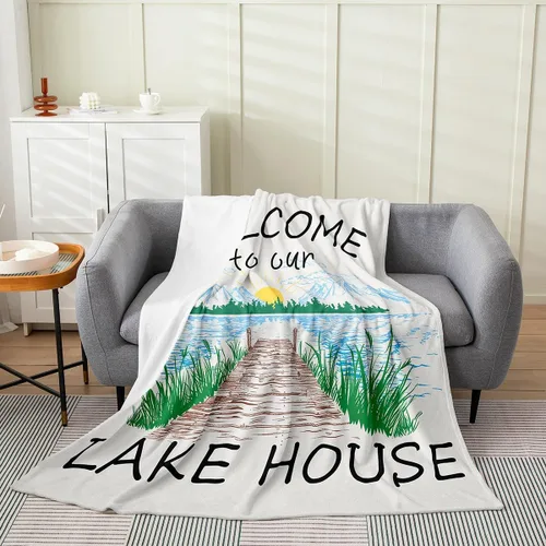 Lake House Flannel Blanket,Hand Drawn Lake Mountain Scenery Fleece Blankets for Kids Girls Boys Adult Room Decor,Rustic Farmhouse Blankets Lake