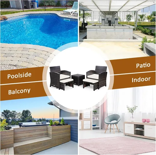 Miniatura 9 de Tangkula Patiojoy - Juego de muebles de patio de mimbre de 5 piezas con funda impermeable, sillas acolchadas para exteriores y otomanas con mesa
