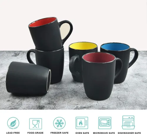 Miniatura 4 de Lifecapido Juego de 6 tazas de café modernas de cerámica negra, capacidad de 16 onzas, perfectas para uso doméstico