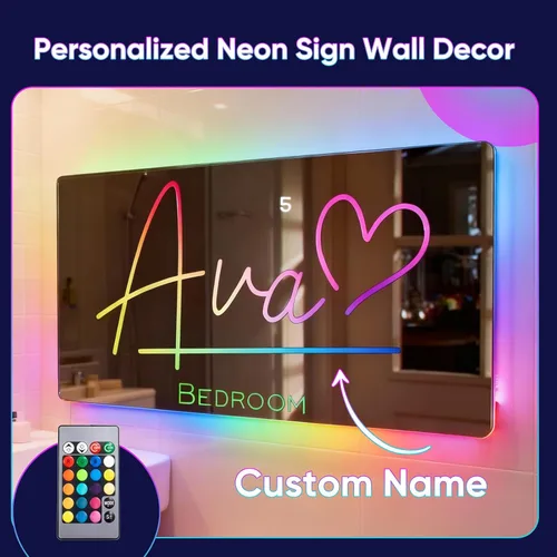 Miniatura 5 de VEELU Espejo con nombre personalizado iluminado para decoración de pared LED para habitación de niñas, letrero de neón con nombre personalizado, luz