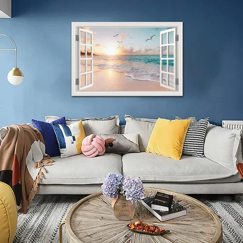 Miniatura 2 de Cuadro de pared de playa tropical para sala de estar, lienzo estilo marco de ventana, decoración de pared, palmera, impresión artística costera