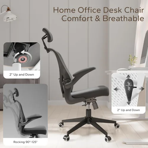 Miniatura 4 de Silla de oficina ergonómica con función de inclinación, reposacabezas ajustable con brazos abatibles, cojín para soporte lumbar y ruedas