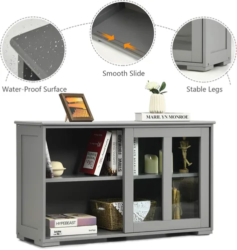 Miniatura 4 de Costzon Aparador Buffet Mueble, Gabinete de Almacenamiento de Cocina de Madera con Estante Ajustable, Puertas Corredizas de Vidrio, Mueble de Puerta