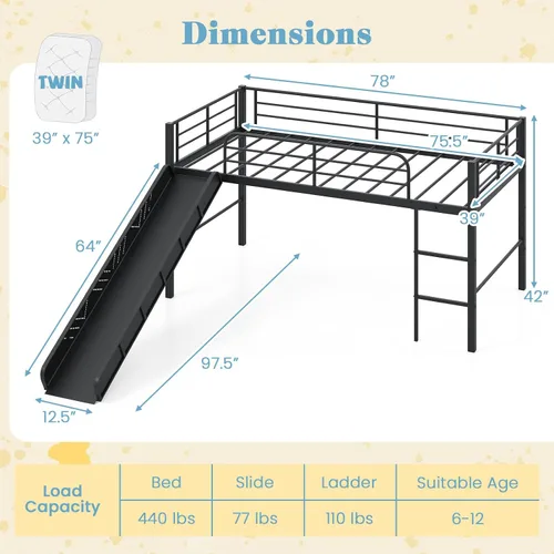 Miniatura 2 de Giantex Cama baja tipo loft con tobogán, marco de cama individual de metal con escalera de escalada, barandilla y espacio de almacenamiento