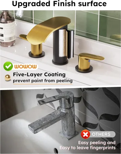 Miniatura 5 de WOWOW Grifo de Baño Cascada 3 Orificios 8 Pulgadas Extendido Grifo de Lavabo de Baño, Dos Manijas Grifos de Lavabo de Tocador con Desagüe Pop-up
