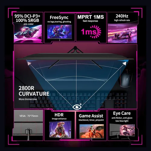 Miniatura 4 de ZZA Monitor curvo para juegos de 24.5 pulgadas, 240Hz 144Hz FHD(1920 * 1080P) pantalla VA, monitor de computadora, compatible con Freesync, 120%