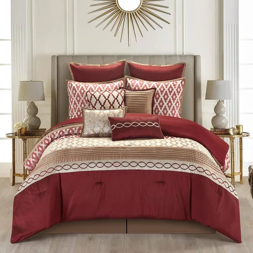 Miniatura 2 de Stratford Park Juego de ropa de cama cálido y vibrante de 10 piezas, color borgoña, tamaño Queen, cálido, 100% poliéster, falda de cama, almohadas