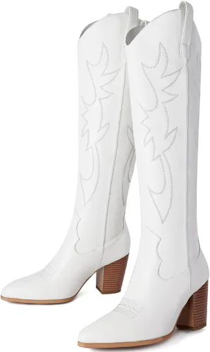 Miniatura 3 de Mostrin Botas vaqueras bordadas para mujer, botas vaqueras con punta puntiaguda, botas altas hasta la rodilla, tacón grueso, botas occidentales