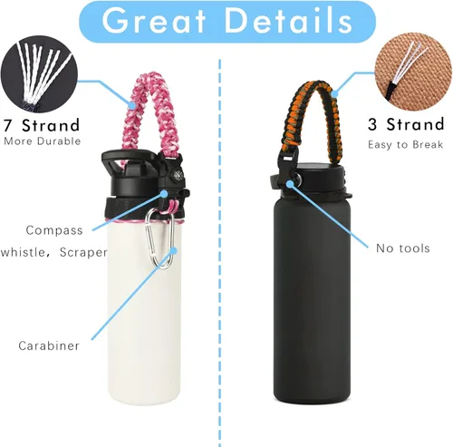 Miniatura 3 de Paracord Handle for Hydro Flask Water Bottles Standard/Wide Mouth, Strap Holder with Safety Rubber Ring & Carabiner, Easy to Carry and Durable Rosado