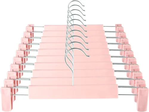 GUANJUNE Perchas para pantalones, soportes para faldas que ahorran espacio con ganchos giratorios de 360°, clips ajustables, perchas para Rosa