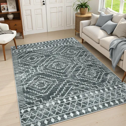 Miniatura 21 de Wonnitar Alfombra marroquí lavable de 5 x 7 pies, color negro, alfombra grande para sala de estar, antideslizante, bohemio, para dormitorio