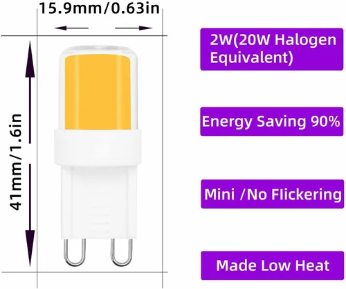 Miniatura 2 de Paquete de 5 bombillas LED G9 2W 20 W equivalente a halógeno 3000 K, blanco cálido, 300 lúmenes, JCD, base bi-pines, campana extractora, bombillas