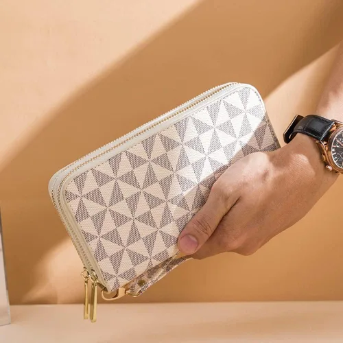Miniatura 18 de Veki Billetera para mujer con doble cremallera y correa para la muñeca, monedero de cuero para tarjetas de crédito para mujeres y hombres, Negro A