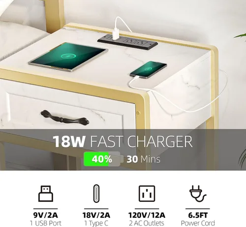 Miniatura 5 de IDEALHOUSE Mesa auxiliar moderna, mesita de noche blanca y dorada con estación de carga, mesita de noche con cajón, mesa auxiliar moderna
