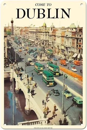 Pacifica Island Art Cartel de viaje vintage con texto en inglés «Come To Dublin Ireland – O'Connell Street – Vintage Travel Poster c.1950s – 8 x 12