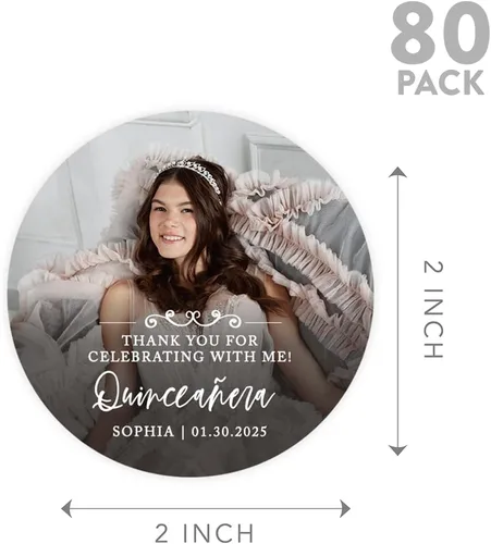 Miniatura 5 de Andaz Press Paquete de 40 etiquetas de quinceañera redondas personalizadas de 2 pulgadas con foto personalizada para recuerdos de membrillo