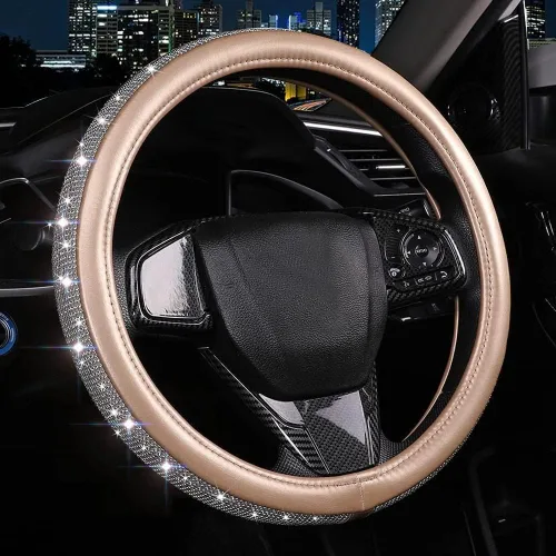 Funda de volante de cuero con diamantes brillantes, fundas doradas para volante para mujeres y niñas con diamantes de imitación de cristal, Dorado