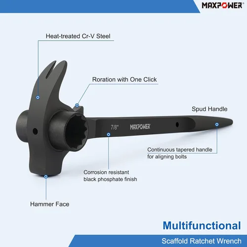 Miniatura 3 de MAXPOWER Llave de trinquete de andamio de 3/4 x 7/8 pulgadas, llave Spud Podger, funciones multifuncionales con barra de palanca de garra y cara