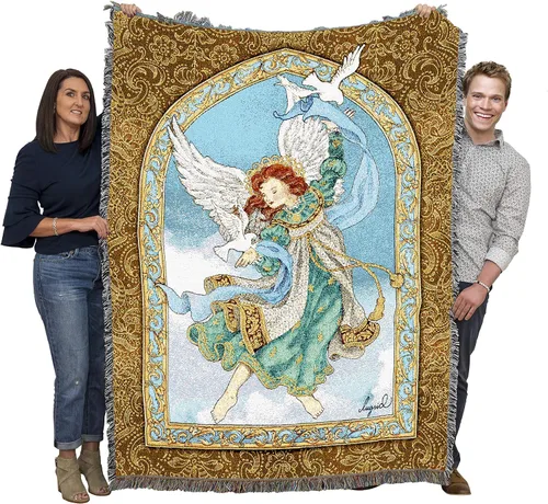 Miniatura 12 de Pure Country Weavers Angelic Trio - Manta con diseño de tres ángeles tocando música, manta cuadrada para regalo, tejida de algodón, fabricada