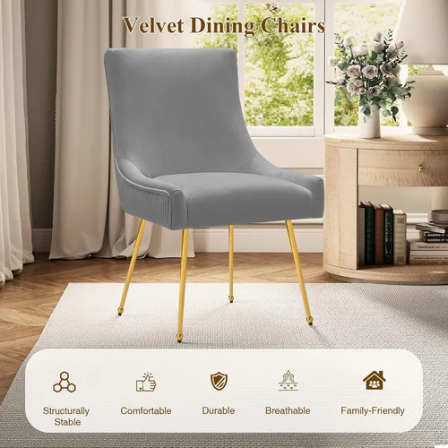 Miniatura 7 de adochr Juego de 2 sillas de comedor de terciopelo, modernas sillas de cocina tapizadas con asa y respaldo plisado, silla decorativa de mediados