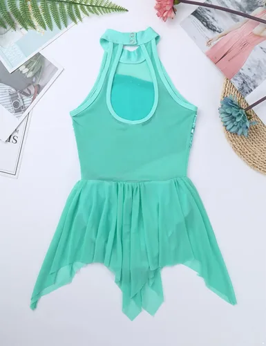 Miniatura 38 de YiZYiF Vestido de baile de lentejuelas para niños y niñas, leotardo de ballet, cuello alto, vestido lírico, traje de rendimiento irregular