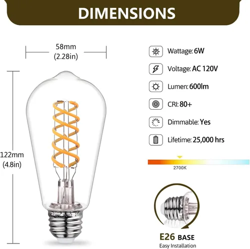 Miniatura 2 de Bombillas LED Edison ST58 (ST19) equivalentes a 60 vatios, CRI 80+, inastillables, alto brillo, blanco suave, 2700 K, regulables, bombillas