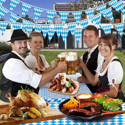 Miniatura 4 de Ahfulife Pancarta de bandera bávara de Oktoberfest de 32.8 pies para decoraciones de Oktoberfest, pancarta de Oktoberfest con 30 banderas