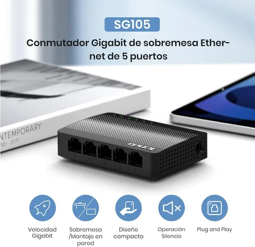Miniatura 3 de Tenda SG105, conmutador Gigabit de 5 puertos, interruptor Ethernet doméstico no administrado, divisor Ethernet de oficina, Plug & Play, estuche