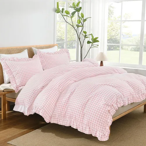 Miniatura 14 de Andency - Funda de edredón Gingham tamaño Queen, funda de edredón de estilo granjero con volantes en color marrón claro y estilo shabby chic, juego