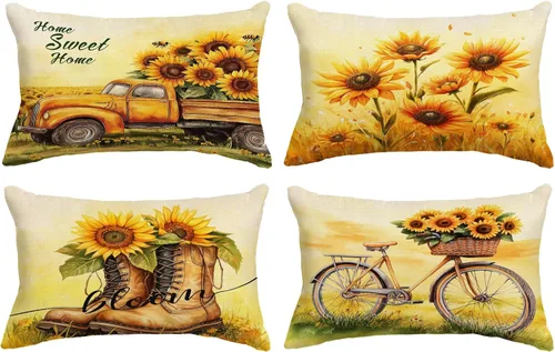 Miniatura 10 de Juego de 4 fundas de almohada decorativas de girasol de 12 x 12 pulgadas, fundas de almohada cuadradas de lino, fundas de almohada cuadradas de lino