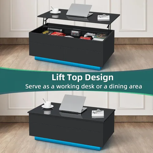 Miniatura 4 de HOMMPA Mesa de centro elevable de 40 pulgadas, mesas de centro negras con almacenamiento para sala de estar, mesa de centro moderna LED, mesa