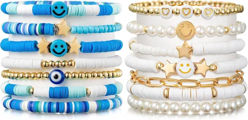 LieToi Preppy - Juego de pulseras Heishi coloridas de oro blanco sonriente, corazón, estrella, mal de ojo, cuentas de arcilla polimérica, perlas,