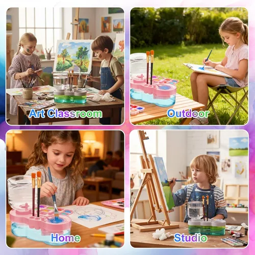 Miniatura 6 de Fivewan Limpiador de pinceles de pintura mejorado 2025, estación de pintura para niños con arandela de cepillo, dispensador de enjuague de acuarela