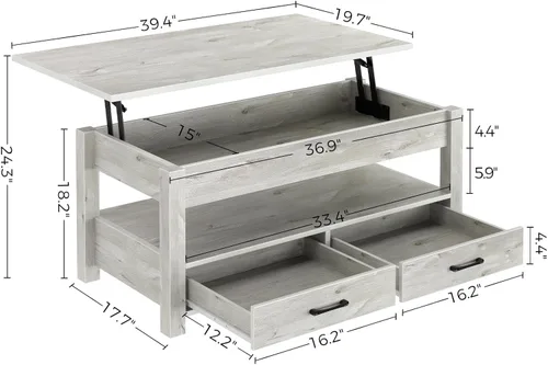 Miniatura 3 de Rolanstar - Mesa auxiliar, mesa de centro con cajones y compartimento oculto, mesa de sala de estar con tablero de elevación de madera, para sala