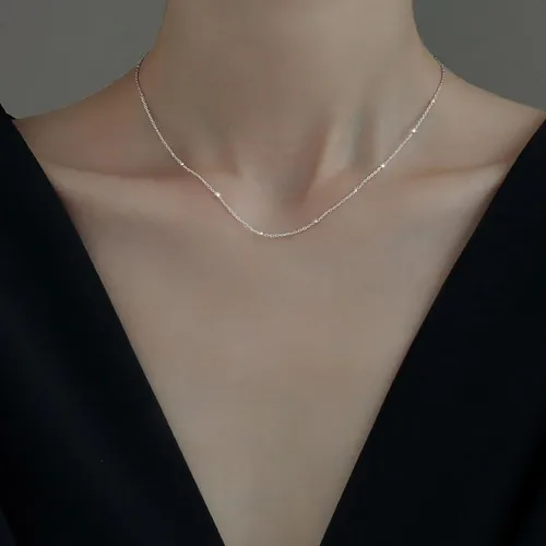 Miniatura 2 de LOVPEPY Gargantilla simple para mujer, plata de ley 925, delicado dije de cuentas satélite, cadena de clavícula, joyería minimalista, regalo