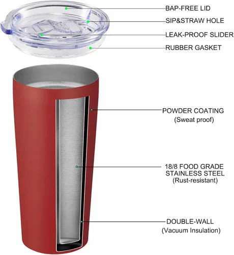 Miniatura 2 de VEGOND Vaso de 20oz a granel con tapa y pajita, vaso aislado al vacío de acero inoxidable de doble pared para café, viaje, paquete de 1 unidad, Rojo