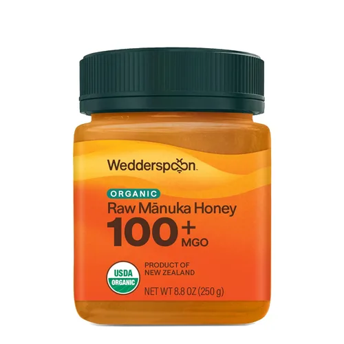 Wedderspoon Miel de Manuka Cruda Premium Orgánica Certificada por USDA, 100+ MGO, 8.8 Oz, Miel de Nueva Zelanda Sin Pasteurizar, De Nuestras