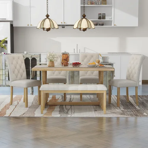 Miniatura 3 de Merax - Juego de 6 mesas de comedor de madera maciza para 6, mesa de cocina rectangular de granja con 5 sillas tapizadas y 1 banco, juego de comedor