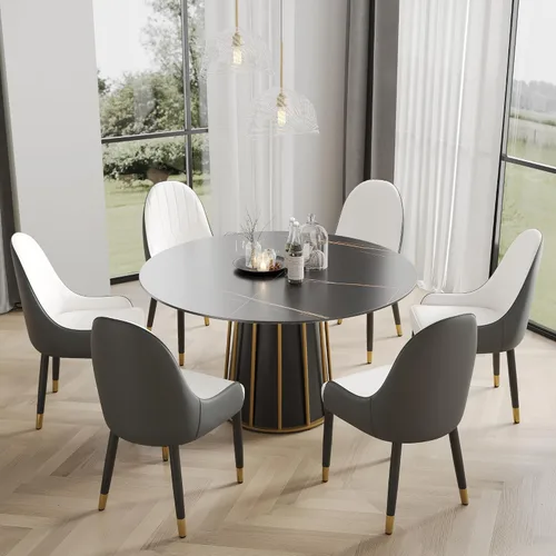 Miniatura 20 de Juego de 6 sillas de comedor tapizadas de 36.6 pulgadas, sillas de comedor modernas con marco de metal dorado y respaldo, silla de comedor de piel