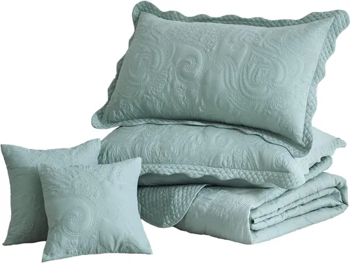 Miniatura 8 de Colcha tamaño King extragrande, diseño de patrón Paisley, cobertor de cama ligero, reversible, 5 piezas, 100% microfibra, Seaglass 1 - Seaglass
